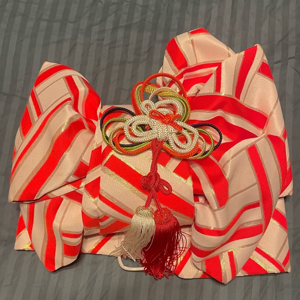 Vintage kimono obi belt bow with woven tassels orange candy stripe gold silk